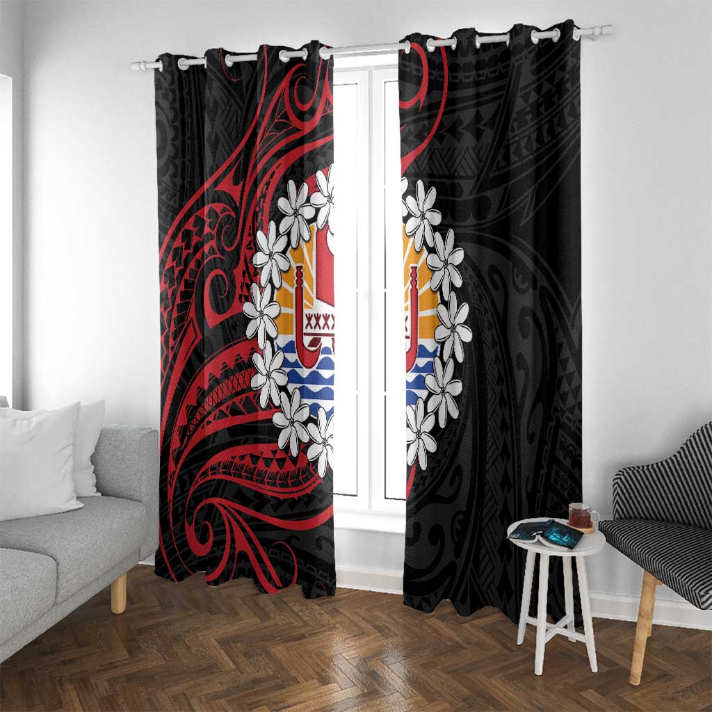 Tahitian Coat Of Arm and Tiare Flower Window Curtain Polynesian Tribal Tattoo LT9 With Grommets Black - Polynesian Pride