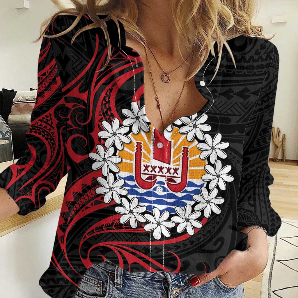 Tahitian Coat Of Arm and Tiare Flower Women Casual Shirt Polynesian Tribal Tattoo LT9 Female Black - Polynesian Pride