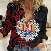 Tahitian Coat Of Arm and Tiare Flower Women Casual Shirt Polynesian Tribal Tattoo LT9 Female Black - Polynesian Pride