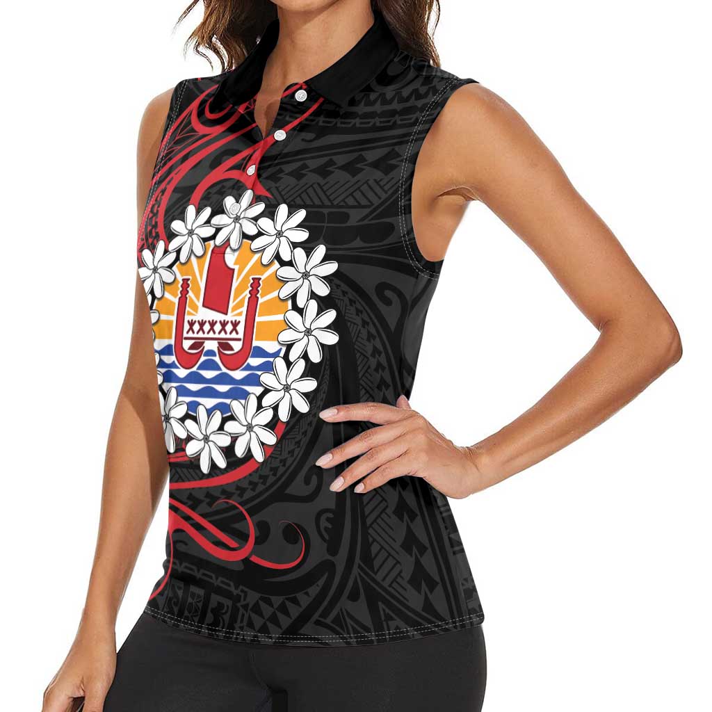 Tahitian Coat Of Arm and Tiare Flower Women Sleeveless Polo Shirt Polynesian Tribal Tattoo LT9 - Polynesian Pride