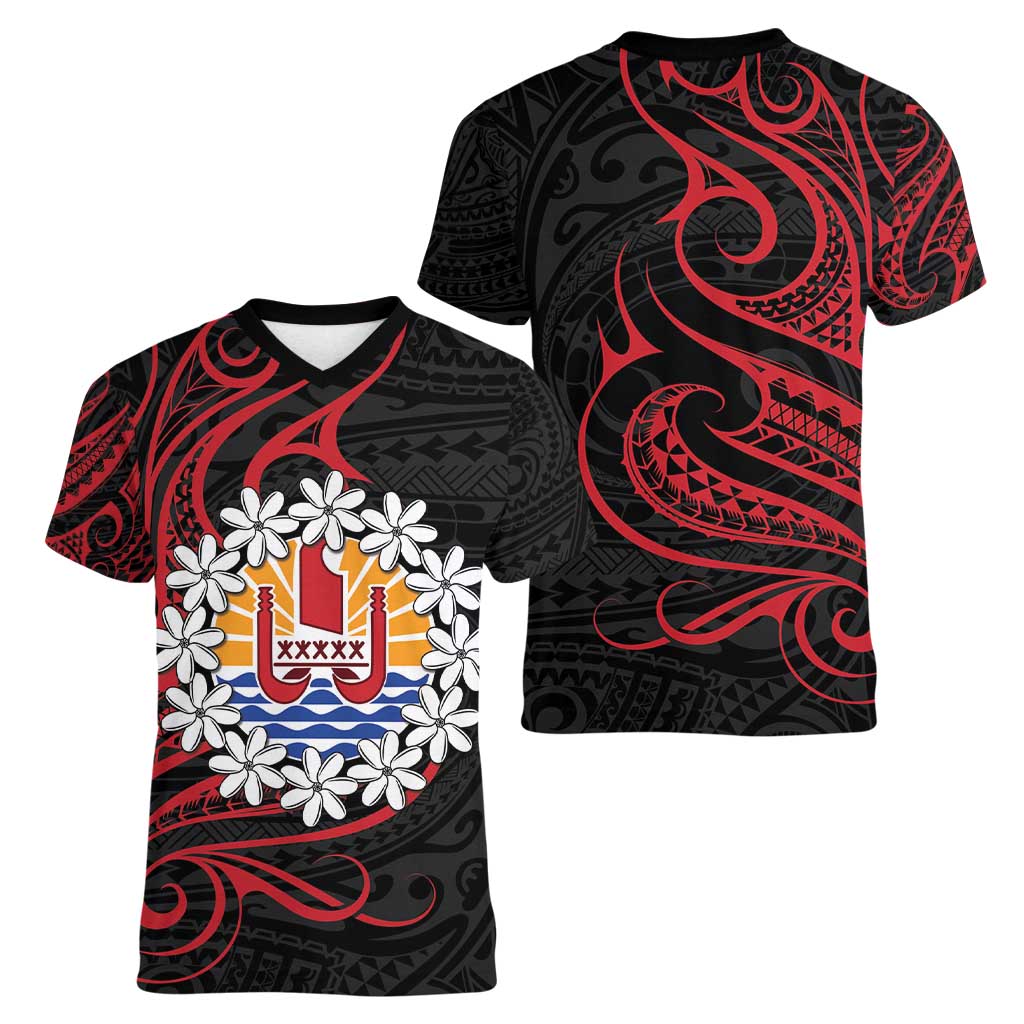 Tahitian Coat Of Arm and Tiare Flower Women V-Neck T-Shirt Polynesian Tribal Tattoo LT9 - Polynesian Pride
