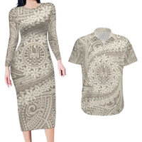 Tahitian Tiare Flower Couples Matching Long Sleeve Bodycon Dress and Hawaiian Shirt Beige Polynesian Pattern LT9 Beige - Polynesian Pride