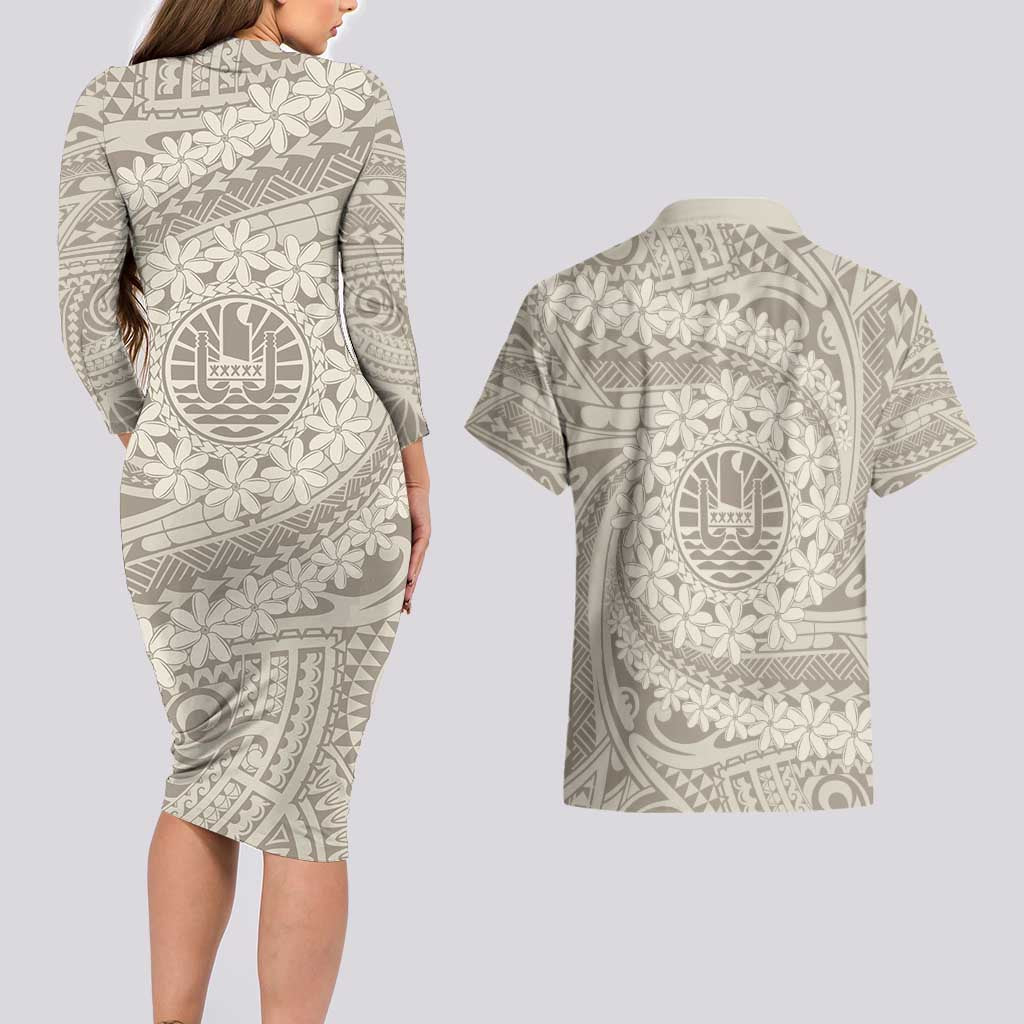 Tahitian Tiare Flower Couples Matching Long Sleeve Bodycon Dress and Hawaiian Shirt Beige Polynesian Pattern LT9 - Polynesian Pride