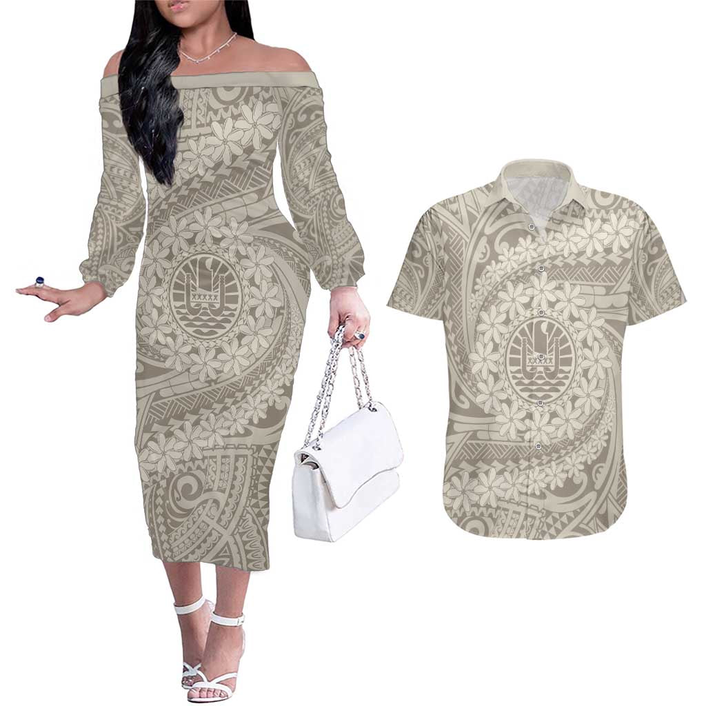 Tahitian Tiare Flower Couples Matching Off The Shoulder Long Sleeve Dress and Hawaiian Shirt Beige Polynesian Pattern LT9 Beige - Polynesian Pride