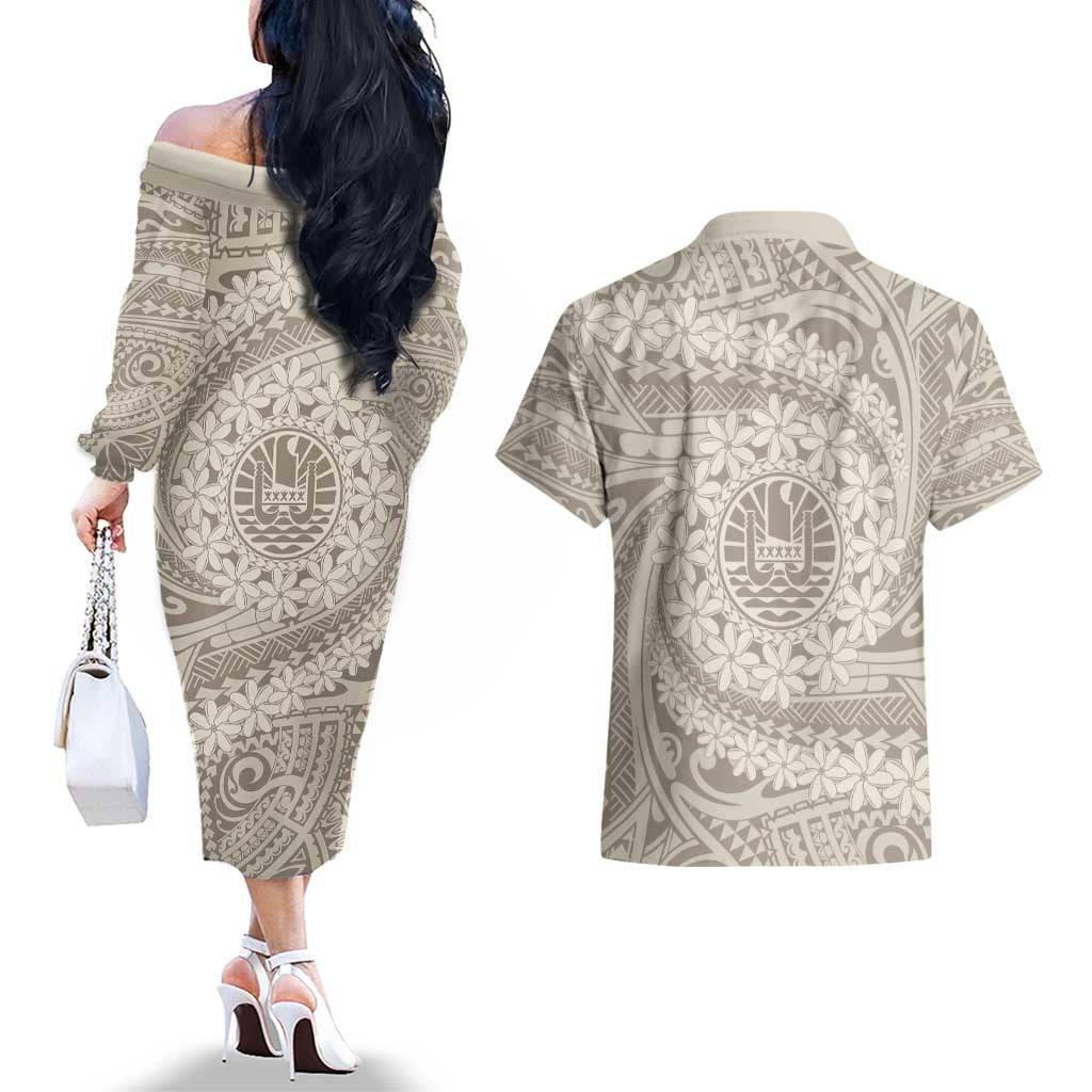 Tahitian Tiare Flower Couples Matching Off The Shoulder Long Sleeve Dress and Hawaiian Shirt Beige Polynesian Pattern LT9 - Polynesian Pride