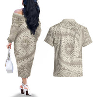Tahitian Tiare Flower Couples Matching Off The Shoulder Long Sleeve Dress and Hawaiian Shirt Beige Polynesian Pattern LT9 - Polynesian Pride