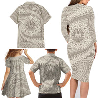 Tahitian Tiare Flower Family Matching Long Sleeve Bodycon Dress and Hawaiian Shirt Beige Polynesian Pattern LT9 - Polynesian Pride