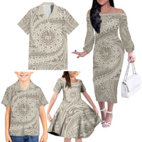 Tahitian Tiare Flower Family Matching Off The Shoulder Long Sleeve Dress and Hawaiian Shirt Beige Polynesian Pattern LT9 - Polynesian Pride