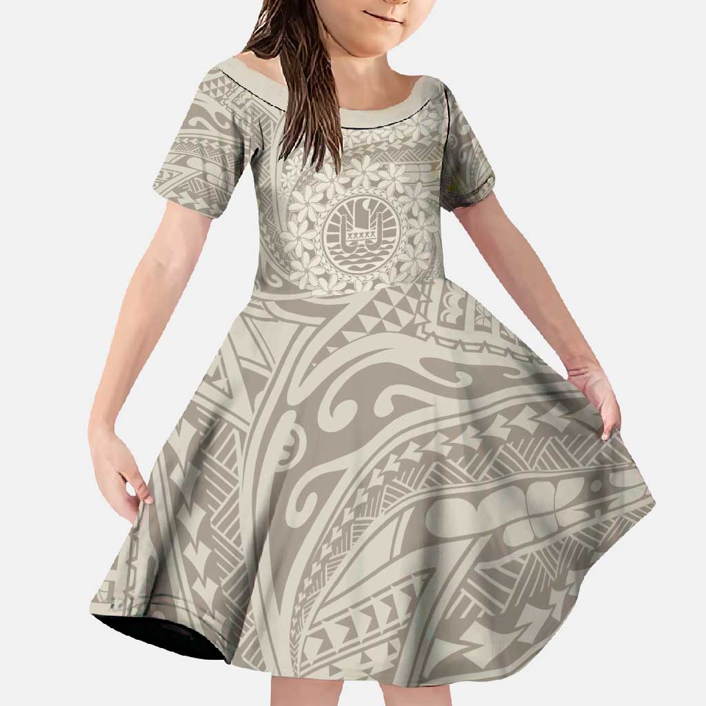 Tahitian Tiare Flower Family Matching Off Shoulder Maxi Dress and Hawaiian Shirt Beige Polynesian Pattern LT9 Daughter's Dress Beige - Polynesian Pride