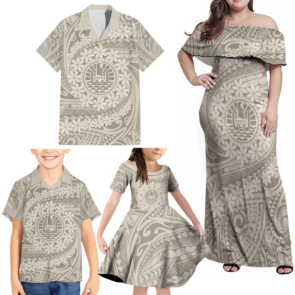Tahitian Tiare Flower Family Matching Off Shoulder Maxi Dress and Hawaiian Shirt Beige Polynesian Pattern LT9 - Polynesian Pride
