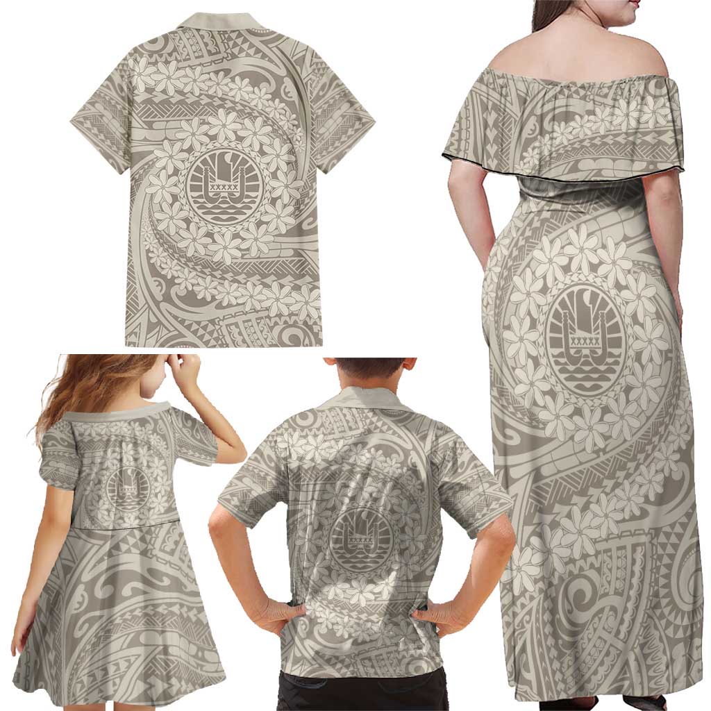 Tahitian Tiare Flower Family Matching Off Shoulder Maxi Dress and Hawaiian Shirt Beige Polynesian Pattern LT9 - Polynesian Pride