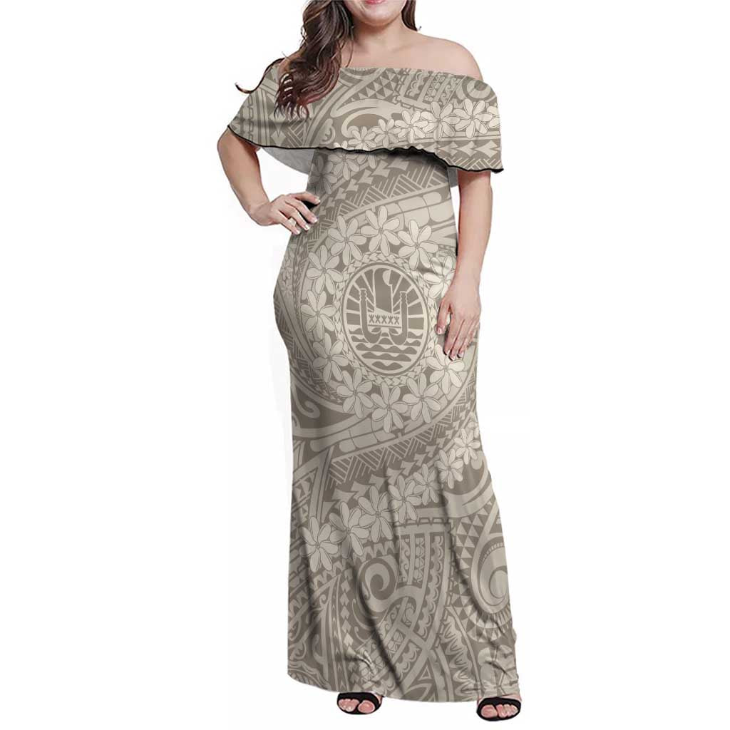 Tahitian Tiare Flower Family Matching Off Shoulder Maxi Dress and Hawaiian Shirt Beige Polynesian Pattern LT9 Mom's Dress Beige - Polynesian Pride