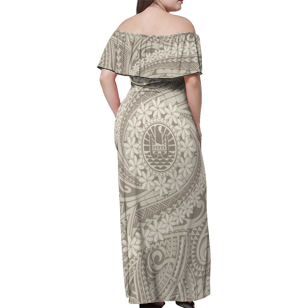 Tahitian Tiare Flower Family Matching Off Shoulder Maxi Dress and Hawaiian Shirt Beige Polynesian Pattern LT9 - Polynesian Pride