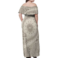 Tahitian Tiare Flower Family Matching Off Shoulder Maxi Dress and Hawaiian Shirt Beige Polynesian Pattern LT9 - Polynesian Pride