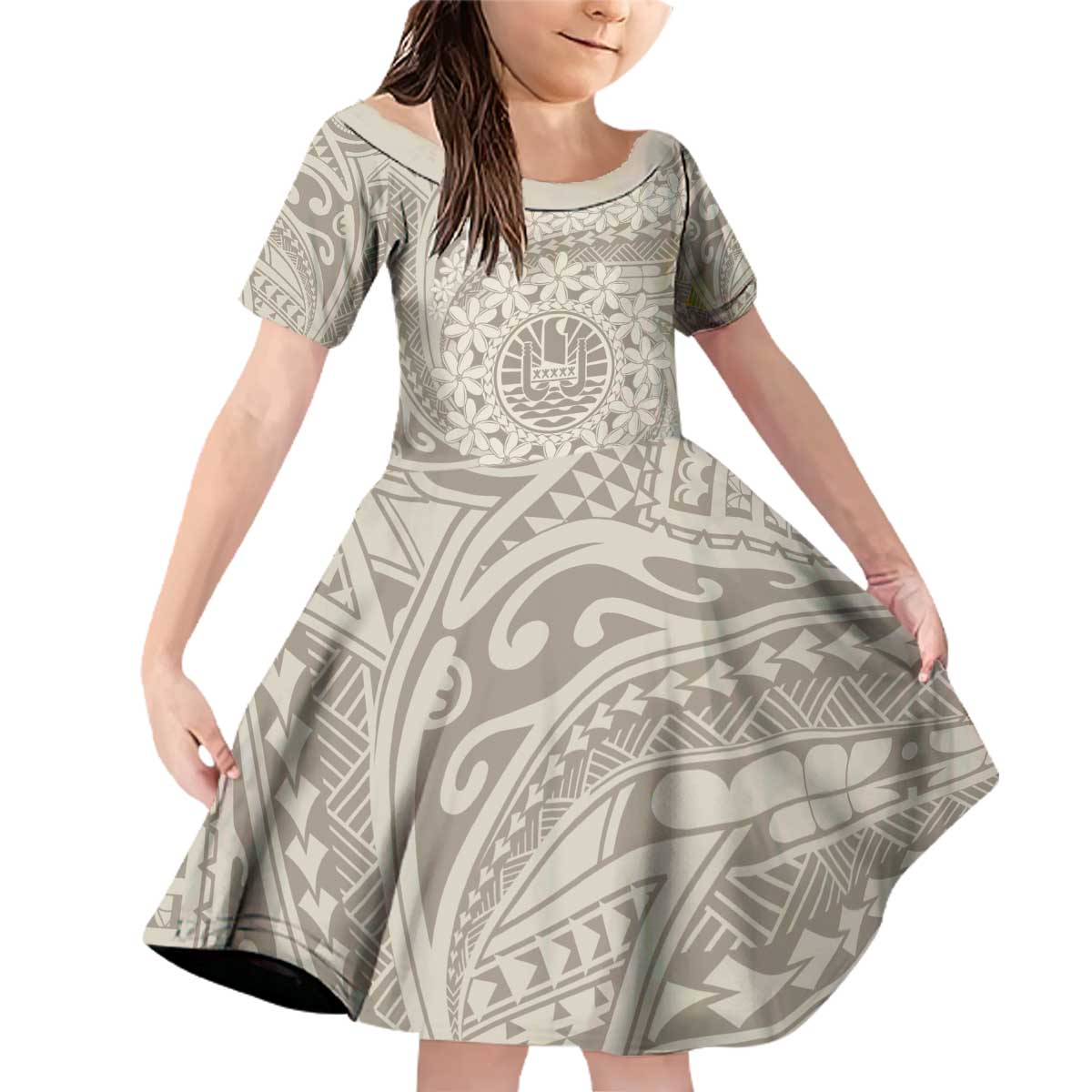 Tahitian Tiare Flower Family Matching Off Shoulder Short Dress and Hawaiian Shirt Beige Polynesian Pattern LT9 Daughter's Dress Beige - Polynesian Pride