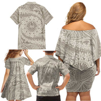 Tahitian Tiare Flower Family Matching Off Shoulder Short Dress and Hawaiian Shirt Beige Polynesian Pattern LT9 - Polynesian Pride
