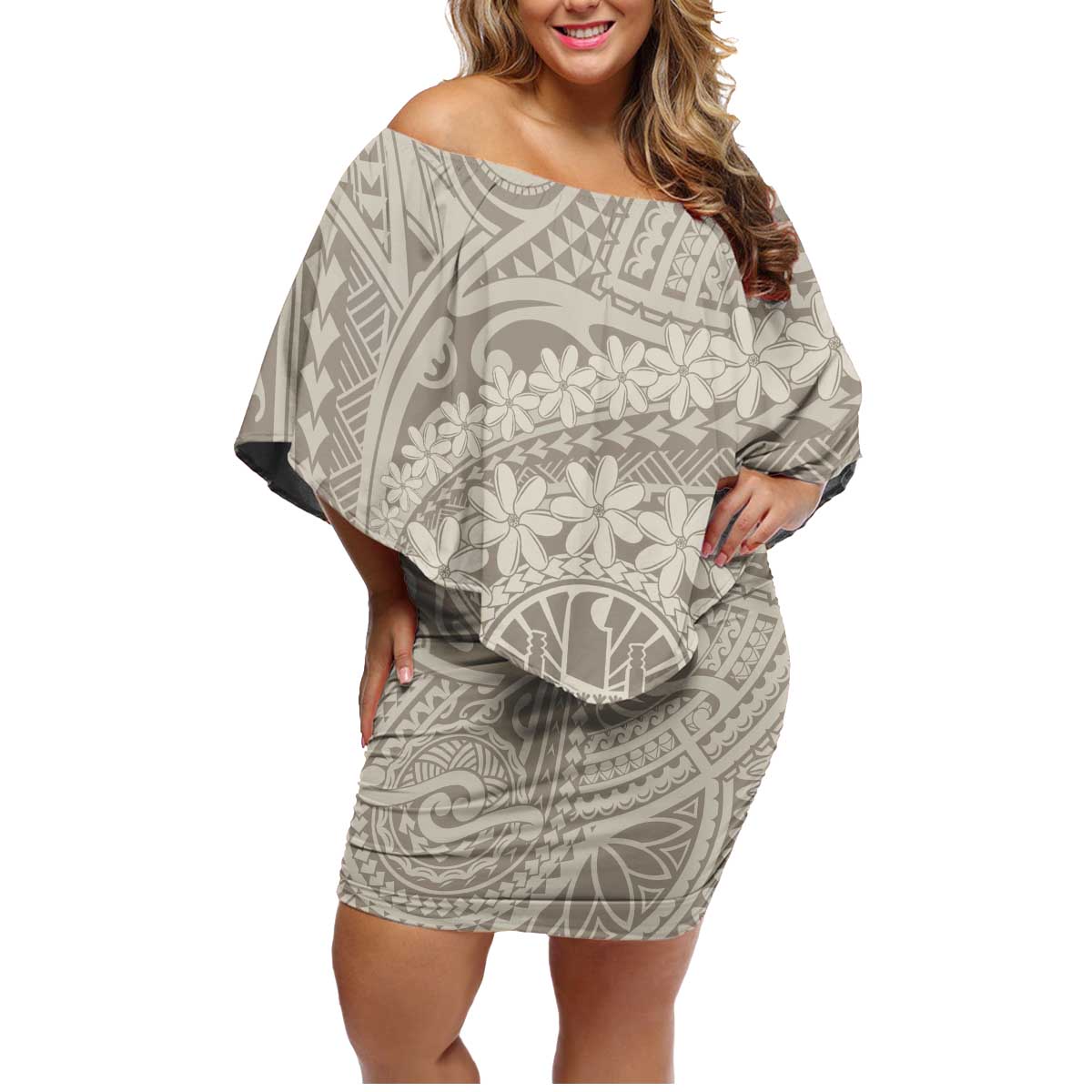 Tahitian Tiare Flower Family Matching Off Shoulder Short Dress and Hawaiian Shirt Beige Polynesian Pattern LT9 Mom's Dress Beige - Polynesian Pride