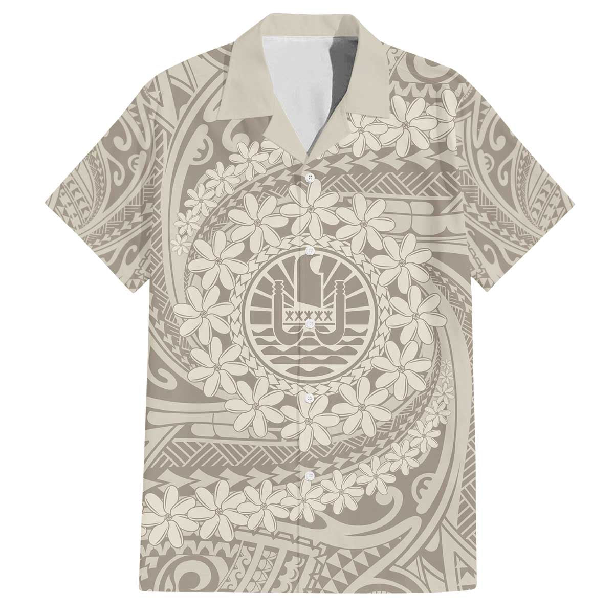Tahitian Tiare Flower Family Matching Puletasi and Hawaiian Shirt Beige Polynesian Pattern