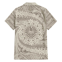 Tahitian Tiare Flower Family Matching Puletasi and Hawaiian Shirt Beige Polynesian Pattern