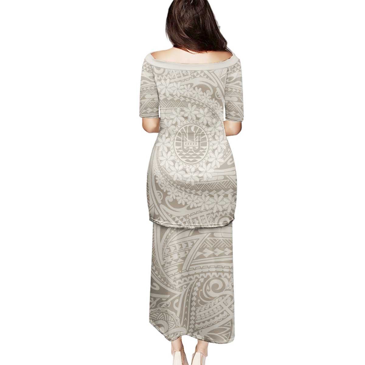 Tahitian Tiare Flower Family Matching Puletasi and Hawaiian Shirt Beige Polynesian Pattern