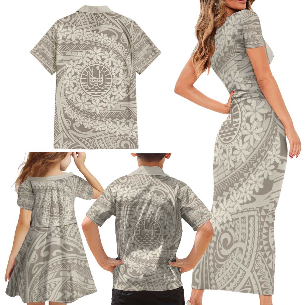 Tahitian Tiare Flower Family Matching Short Sleeve Bodycon Dress and Hawaiian Shirt Beige Polynesian Pattern LT9 - Polynesian Pride