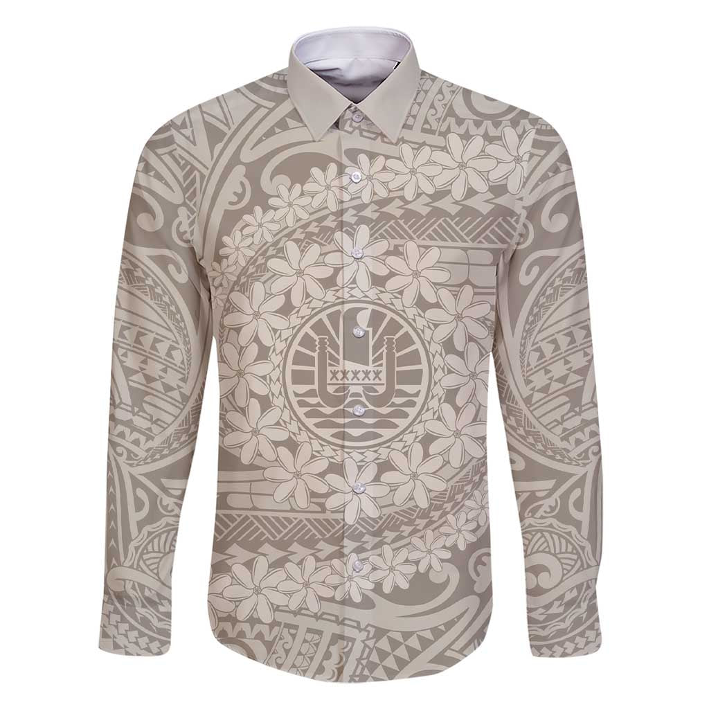 Tahitian Tiare Flower Family Matching Short Sleeve Bodycon Dress and Hawaiian Shirt Beige Polynesian Pattern LT9 Dad's Shirt - Long Sleeve Beige - Polynesian Pride