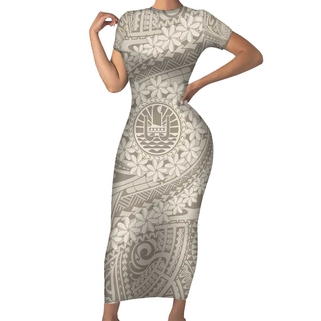 Tahitian Tiare Flower Family Matching Short Sleeve Bodycon Dress and Hawaiian Shirt Beige Polynesian Pattern LT9 Mom's Dress Beige - Polynesian Pride