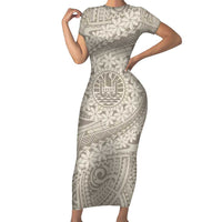 Tahitian Tiare Flower Family Matching Short Sleeve Bodycon Dress and Hawaiian Shirt Beige Polynesian Pattern LT9 Mom's Dress Beige - Polynesian Pride