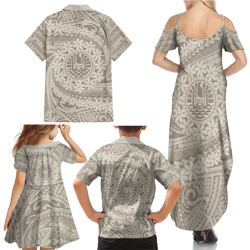 Tahitian Tiare Flower Family Matching Summer Maxi Dress and Hawaiian Shirt Beige Polynesian Pattern LT9 - Polynesian Pride