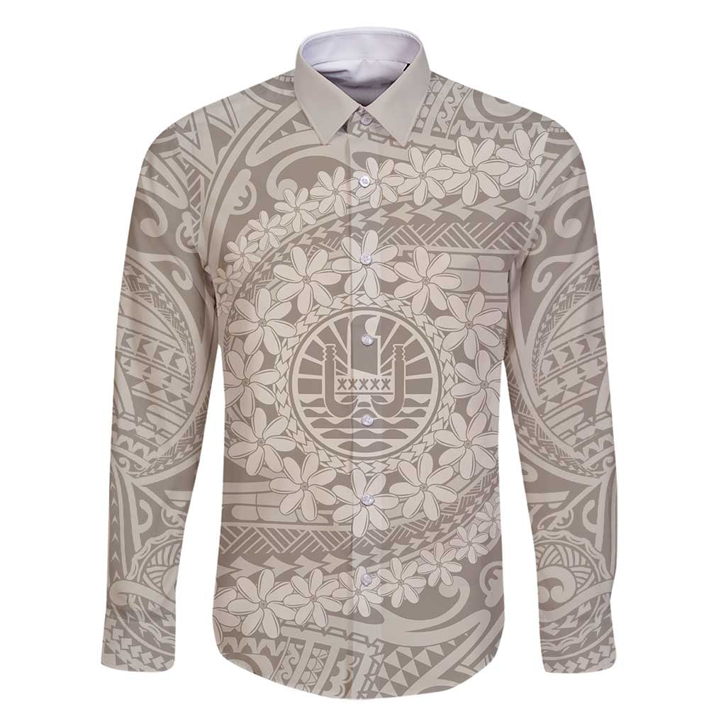 Tahitian Tiare Flower Family Matching Summer Maxi Dress and Hawaiian Shirt Beige Polynesian Pattern LT9 Dad's Shirt - Long Sleeve Beige - Polynesian Pride