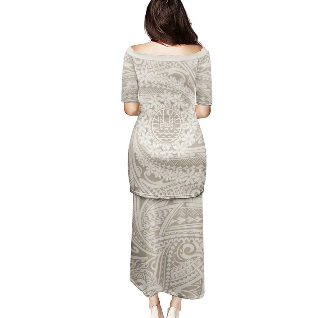 Tahitian Tiare Flower Puletasi Beige Polynesian Pattern