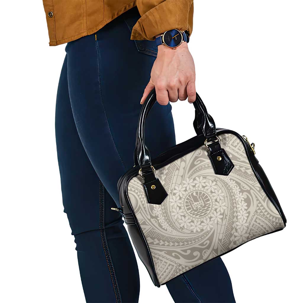Tahitian Tiare Flower Shoulder Handbag Beige Polynesian Pattern