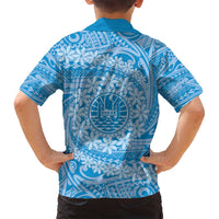 Tahitian Tiare Flower Family Matching Long Sleeve Bodycon Dress and Hawaiian Shirt Blue Polynesian Pattern LT9 - Polynesian Pride