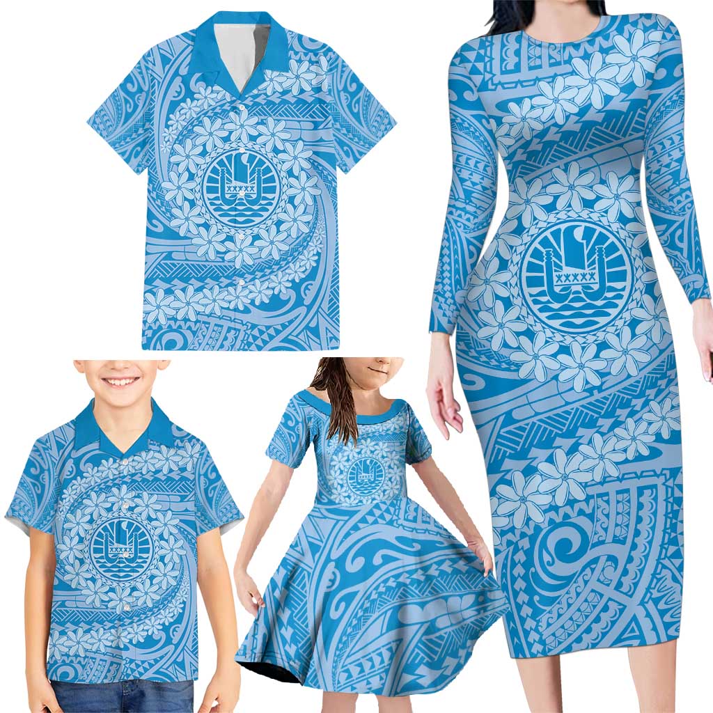 Tahitian Tiare Flower Family Matching Long Sleeve Bodycon Dress and Hawaiian Shirt Blue Polynesian Pattern LT9 - Polynesian Pride