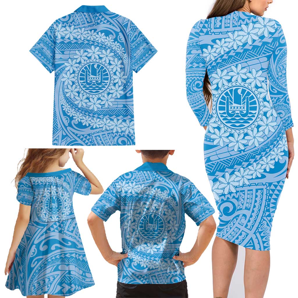 Tahitian Tiare Flower Family Matching Long Sleeve Bodycon Dress and Hawaiian Shirt Blue Polynesian Pattern LT9 - Polynesian Pride