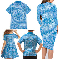 Tahitian Tiare Flower Family Matching Long Sleeve Bodycon Dress and Hawaiian Shirt Blue Polynesian Pattern LT9 - Polynesian Pride