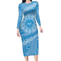 Tahitian Tiare Flower Family Matching Long Sleeve Bodycon Dress and Hawaiian Shirt Blue Polynesian Pattern LT9 Mom's Dress Blue - Polynesian Pride