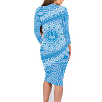 Tahitian Tiare Flower Family Matching Long Sleeve Bodycon Dress and Hawaiian Shirt Blue Polynesian Pattern LT9 - Polynesian Pride