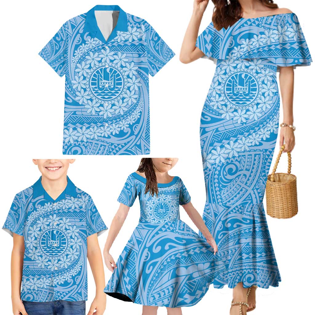 Tahitian Tiare Flower Family Matching Mermaid Dress and Hawaiian Shirt Blue Polynesian Pattern LT9 - Polynesian Pride