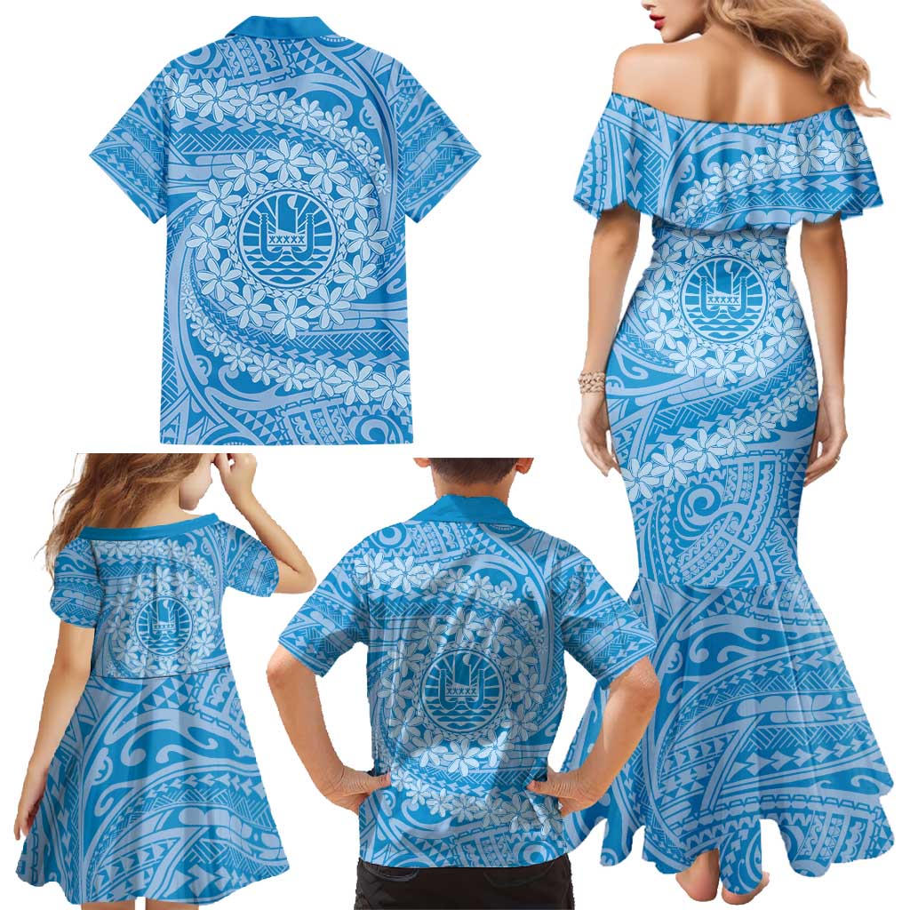 Tahitian Tiare Flower Family Matching Mermaid Dress and Hawaiian Shirt Blue Polynesian Pattern LT9 - Polynesian Pride
