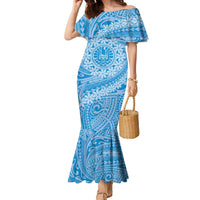 Tahitian Tiare Flower Family Matching Mermaid Dress and Hawaiian Shirt Blue Polynesian Pattern LT9 Mom's Dress Blue - Polynesian Pride