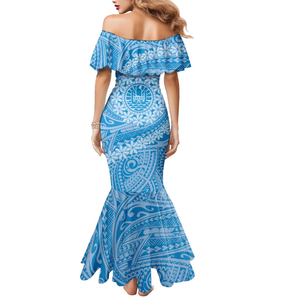 Tahitian Tiare Flower Family Matching Mermaid Dress and Hawaiian Shirt Blue Polynesian Pattern LT9 - Polynesian Pride