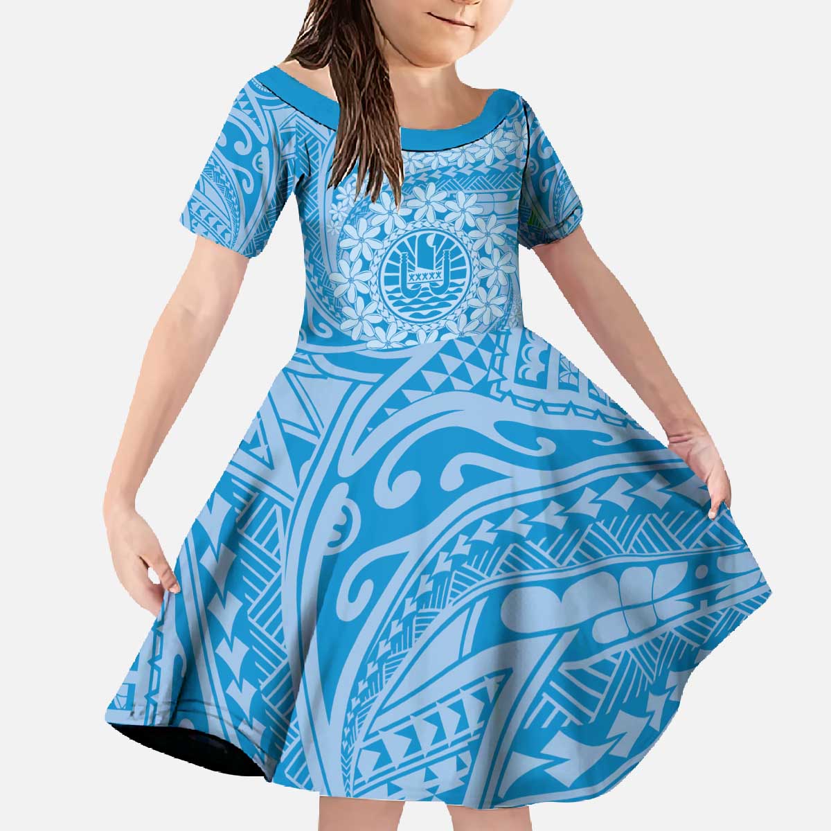 Tahitian Tiare Flower Family Matching Off The Shoulder Long Sleeve Dress and Hawaiian Shirt Blue Polynesian Pattern LT9 Daughter's Dress Blue - Polynesian Pride