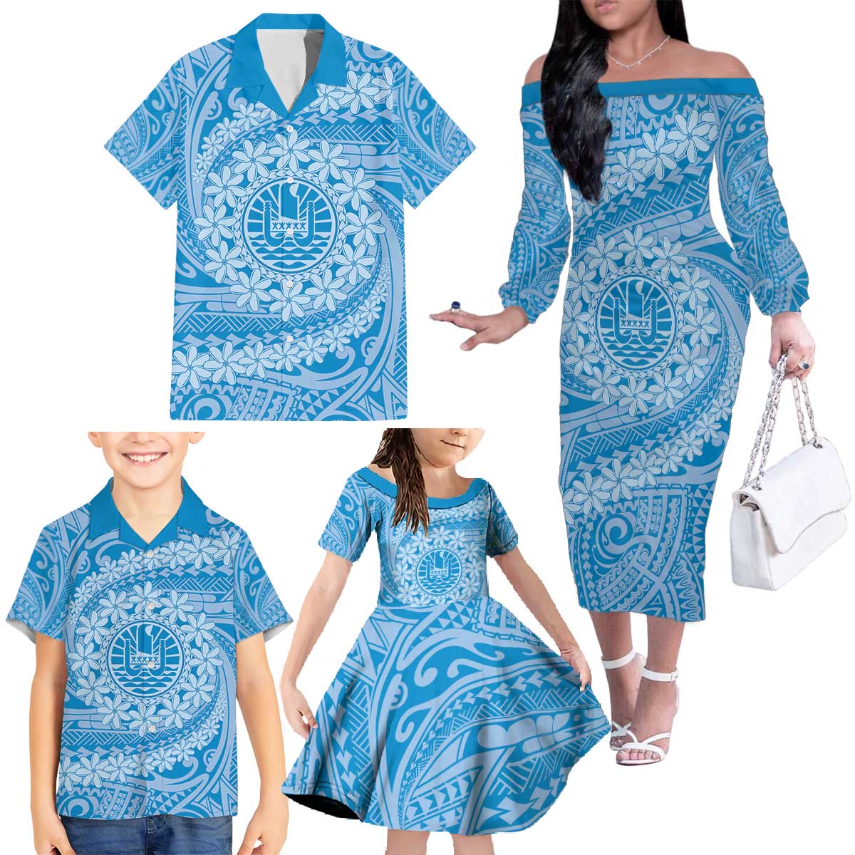 Tahitian Tiare Flower Family Matching Off The Shoulder Long Sleeve Dress and Hawaiian Shirt Blue Polynesian Pattern LT9 - Polynesian Pride