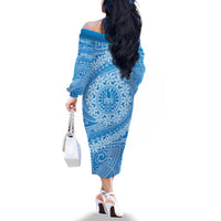 Tahitian Tiare Flower Family Matching Off The Shoulder Long Sleeve Dress and Hawaiian Shirt Blue Polynesian Pattern LT9 - Polynesian Pride