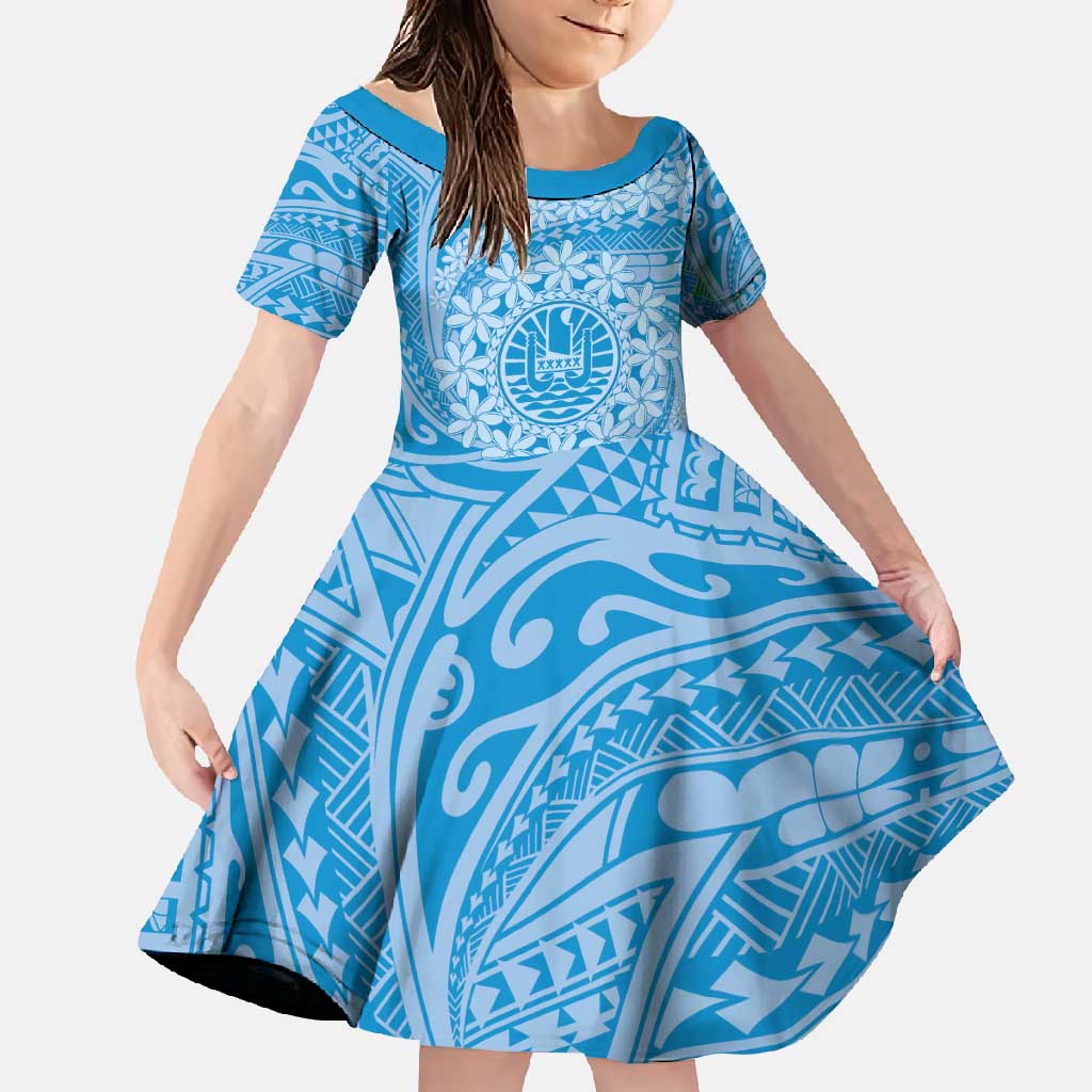 Tahitian Tiare Flower Family Matching Off Shoulder Maxi Dress and Hawaiian Shirt Blue Polynesian Pattern LT9 Daughter's Dress Blue - Polynesian Pride