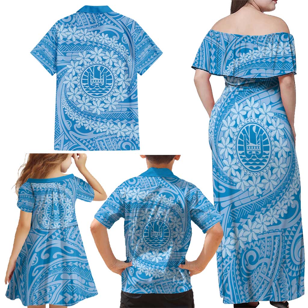 Tahitian Tiare Flower Family Matching Off Shoulder Maxi Dress and Hawaiian Shirt Blue Polynesian Pattern LT9 - Polynesian Pride