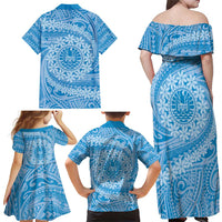 Tahitian Tiare Flower Family Matching Off Shoulder Maxi Dress and Hawaiian Shirt Blue Polynesian Pattern LT9 - Polynesian Pride