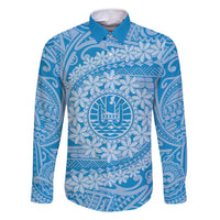 Tahitian Tiare Flower Family Matching Off Shoulder Maxi Dress and Hawaiian Shirt Blue Polynesian Pattern LT9 Dad's Shirt - Long Sleeve Blue - Polynesian Pride