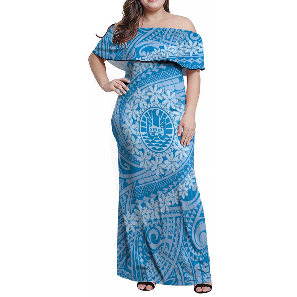 Tahitian Tiare Flower Family Matching Off Shoulder Maxi Dress and Hawaiian Shirt Blue Polynesian Pattern LT9 Mom's Dress Blue - Polynesian Pride